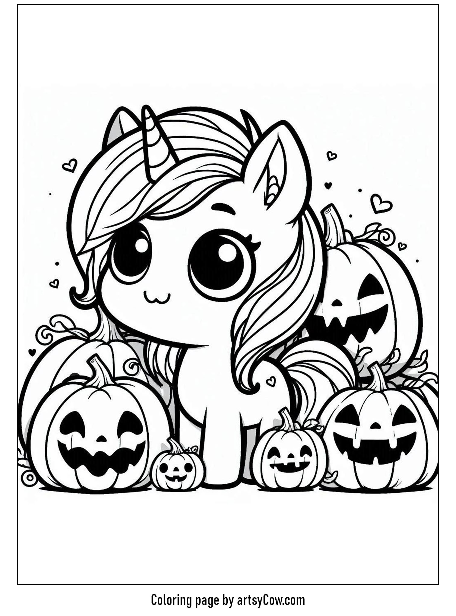 halloween coloring pages with unicorn 2, a cute unicorn standing among cheerful jack-o'-lanterns in a pumpkin patch.